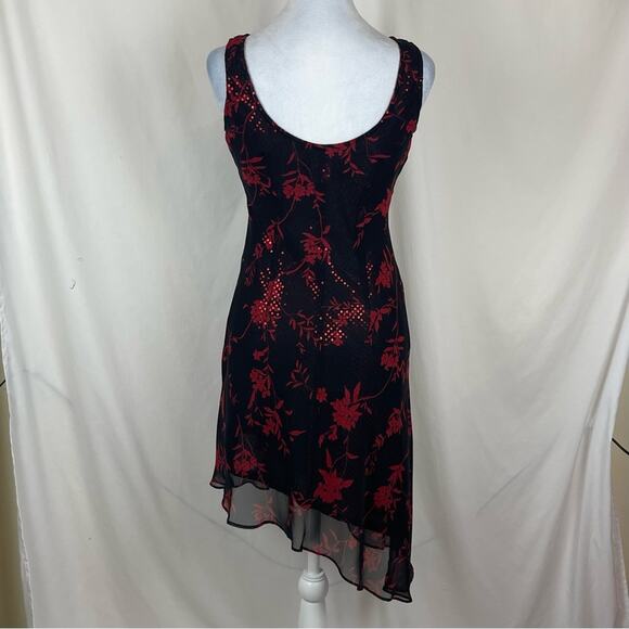 Jessica Howard Sheer Black Red Sequin Party Asymmetrical Midi Dress NWOT Size 4P - Picture 5 of 13